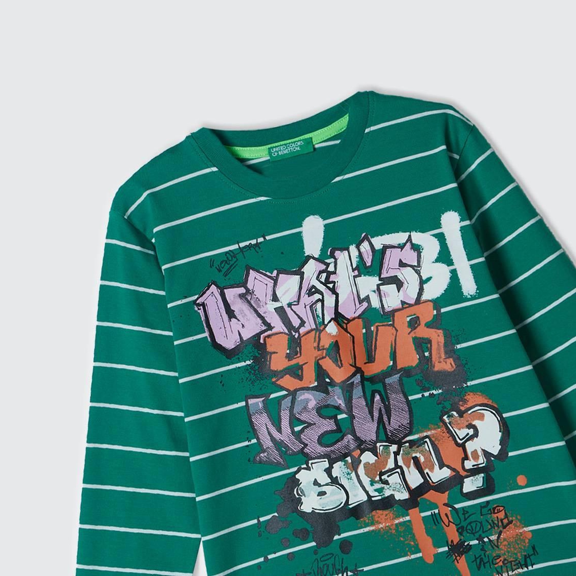 Erkek Çocuk Yeşil Önü Baskılı Çizgili Bisiklet Yaka Uzun Kollu T-Shirt