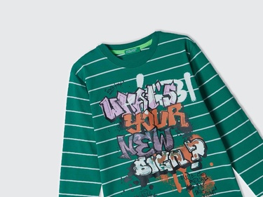  Erkek Çocuk Yeşil Önü Baskılı Çizgili Bisiklet Yaka Uzun Kollu T-Shirt