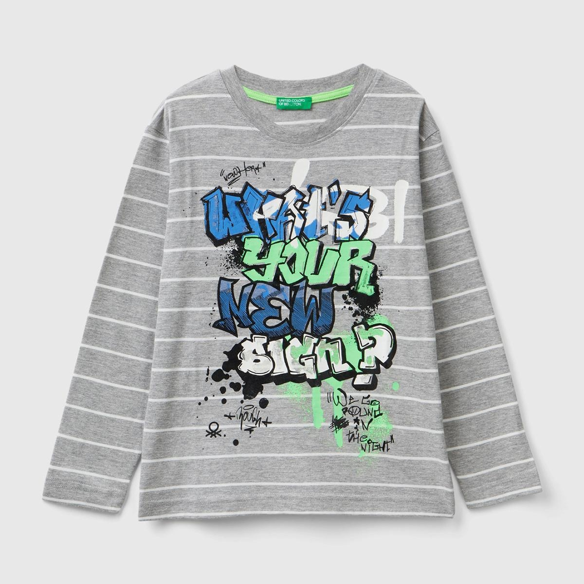 Erkek Çocuk Gri Melanj Önü Baskılı Çizgili Bisiklet Yaka Uzun Kollu T-Shirt