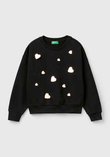  Kız Çocuk Siyah Önü Kalpli Payetli Düşük Omuz Bisiklet Yaka Sweatshirt