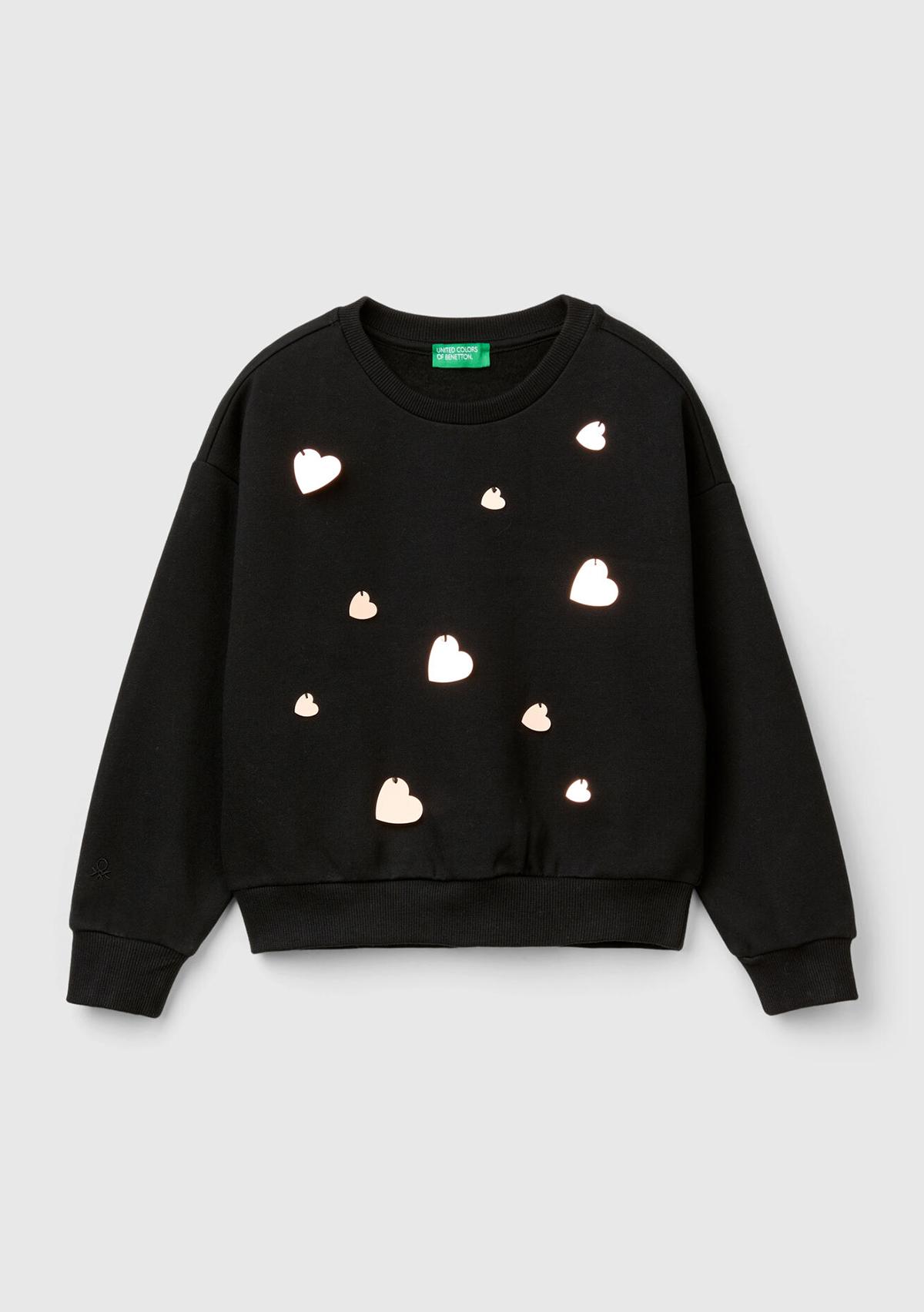  Kız Çocuk Siyah Önü Kalpli Payetli Düşük Omuz Bisiklet Yaka Sweatshirt