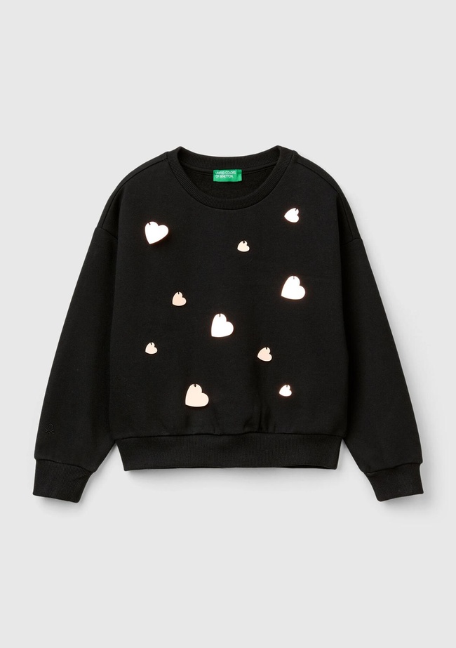  Kız Çocuk Siyah Önü Kalpli Payetli Düşük Omuz Bisiklet Yaka Sweatshirt