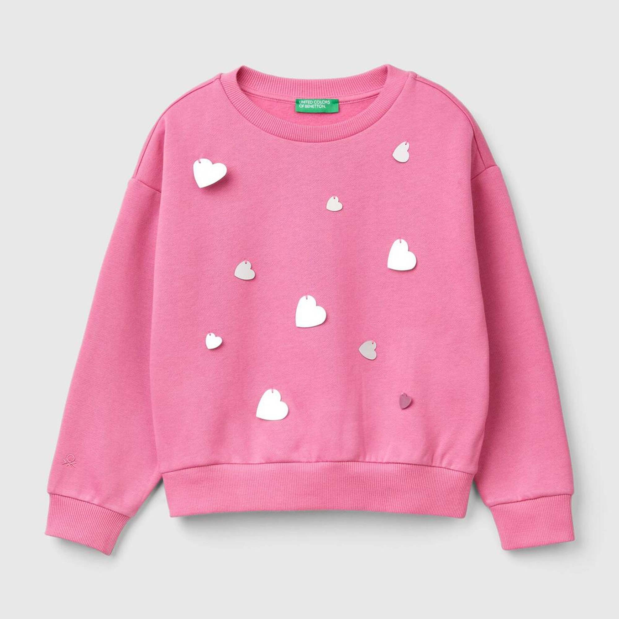 Kız Çocuk Pembe Önü Kalpli Payetli Düşük Omuz Bisiklet Yaka Sweatshirt