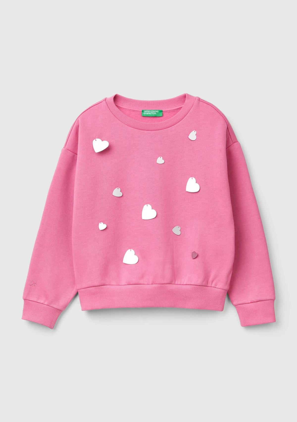  Kız Çocuk Pembe Önü Kalpli Payetli Düşük Omuz Bisiklet Yaka Sweatshirt