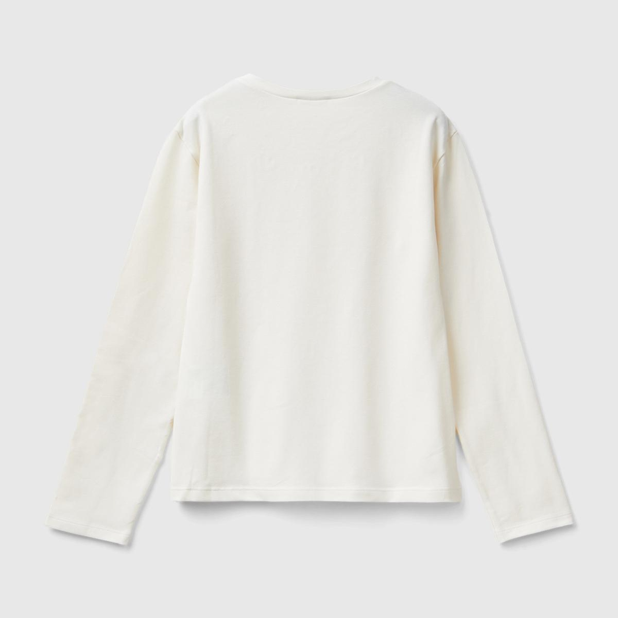 Kız Çocuk Ekru Etek Ucu Logo Etiketli Yaka Detaylı Uzun Kollu T-Shirt