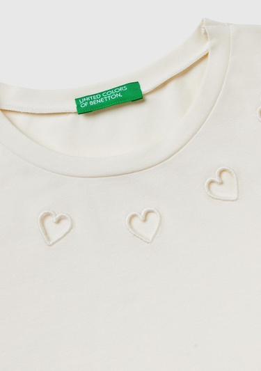  Kız Çocuk Ekru Etek Ucu Logo Etiketli Yaka Detaylı Uzun Kollu T-Shirt