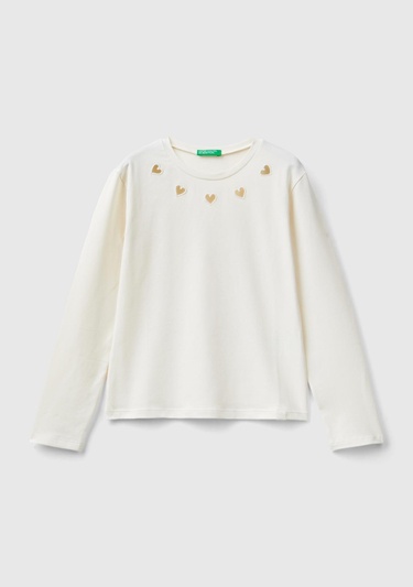  Kız Çocuk Ekru Etek Ucu Logo Etiketli Yaka Detaylı Uzun Kollu T-Shirt