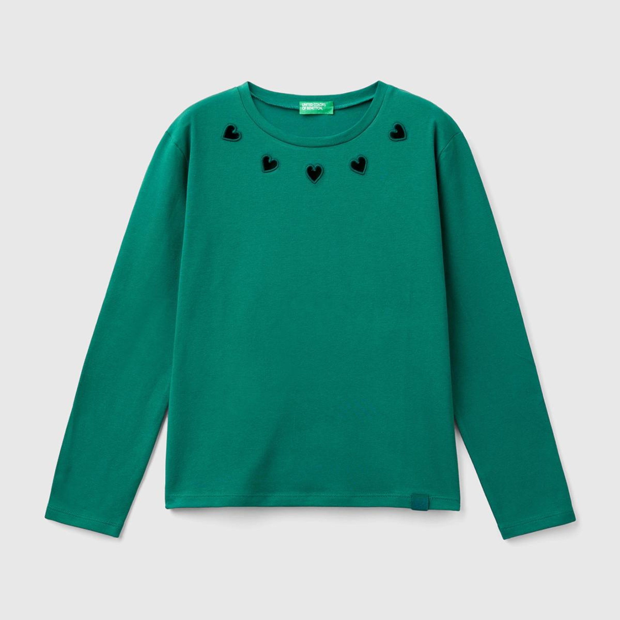 Kız Çocuk Çam Yeşili Etek Ucu Logo Etiketli Yaka Detaylı Uzun Kollu T-Shirt