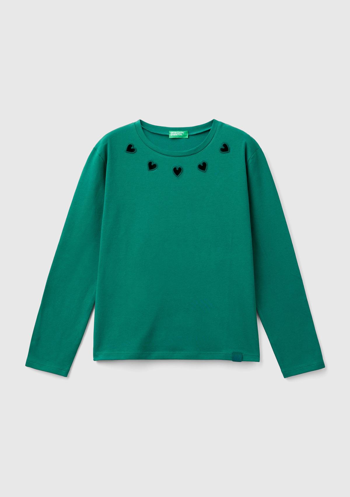  Kız Çocuk Çam Yeşili Etek Ucu Logo Etiketli Yaka Detaylı Uzun Kollu T-Shirt