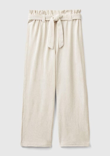  Kız Çocuk Krem Beli Fırfırlı Kuşaklı Geniş Paça Eşofman Altı