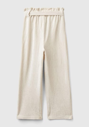  Kız Çocuk Krem Beli Fırfırlı Kuşaklı Geniş Paça Eşofman Altı