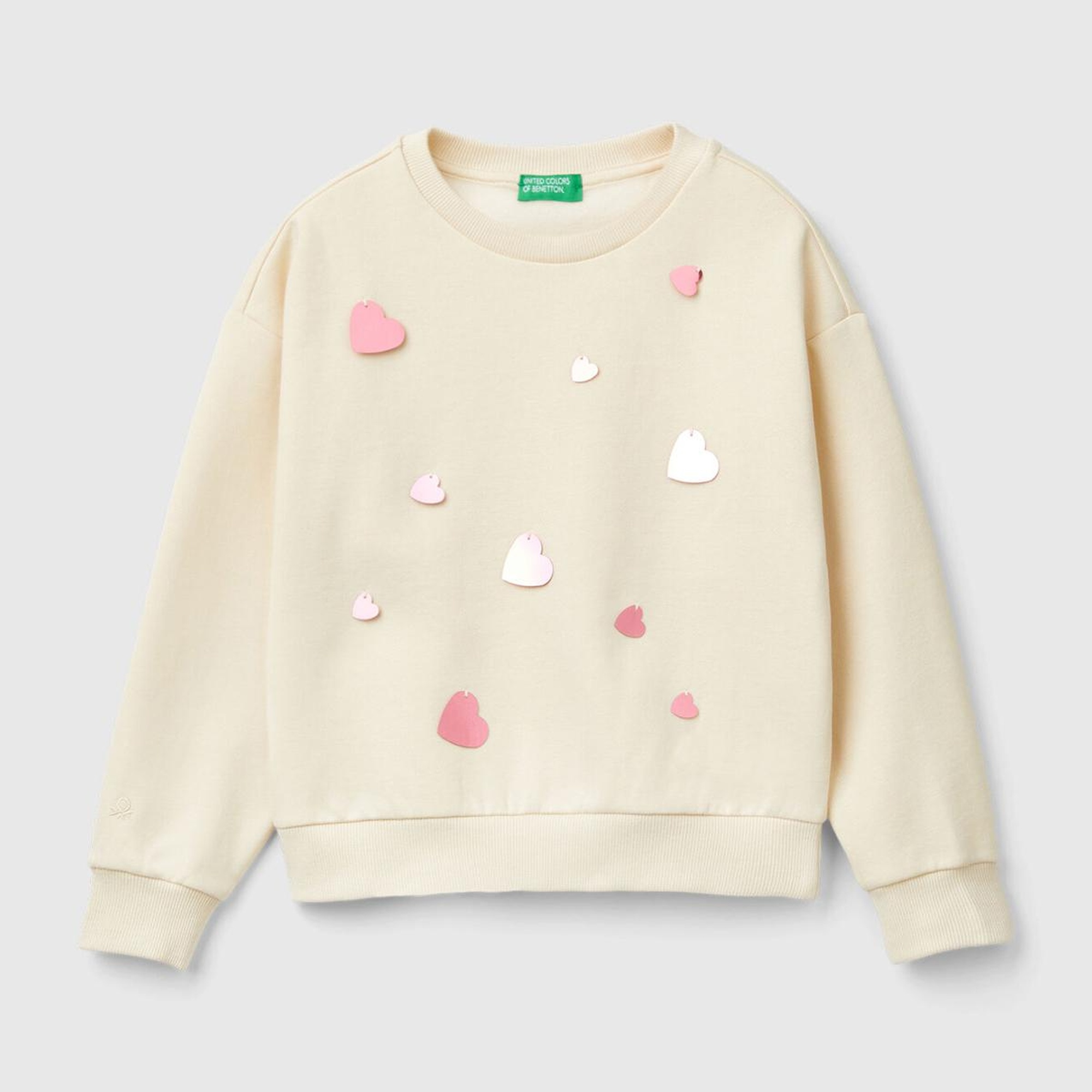 Kız Çocuk Ekru Önü Kalpli Payetli Düşük Omuz Bisiklet Yaka Sweatshirt