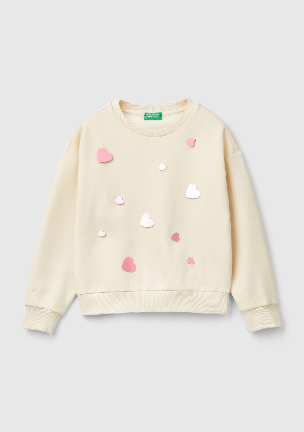  Kız Çocuk Ekru Önü Kalpli Payetli Düşük Omuz Bisiklet Yaka Sweatshirt