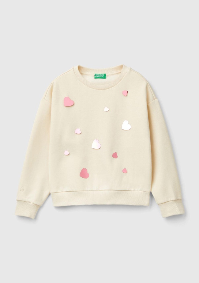  Kız Çocuk Ekru Önü Kalpli Payetli Düşük Omuz Bisiklet Yaka Sweatshirt