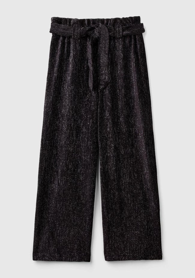  Kız Çocuk Siyah Beli Fırfırlı Kuşaklı Geniş Paça Eşofman Altı