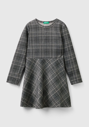  Kız Çocuk Füme Yuvarlak Yaka Kloş Etekli Uzun Kollu Elbise