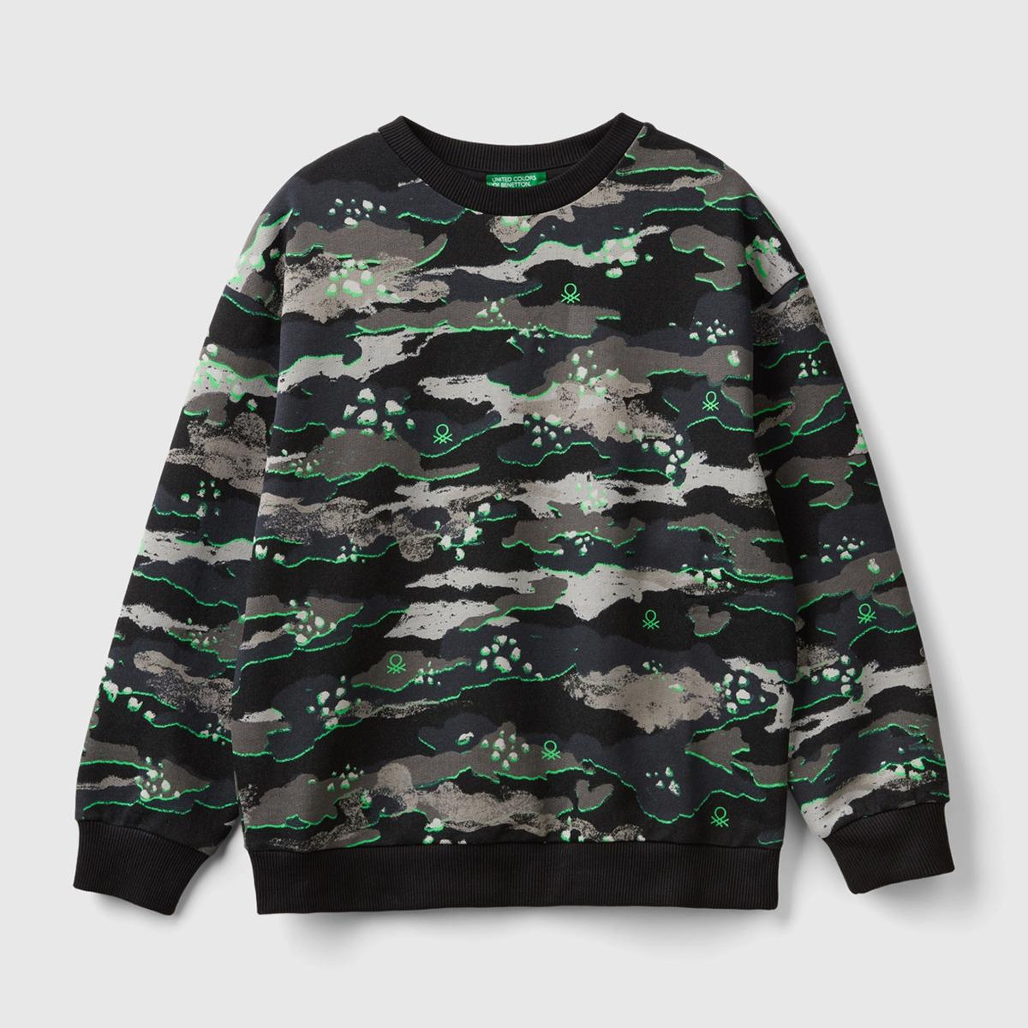 Erkek Çocuk Kamuflaj Tamamı Baskılı Ribanalı Bisiklet Yaka Sweatshirt