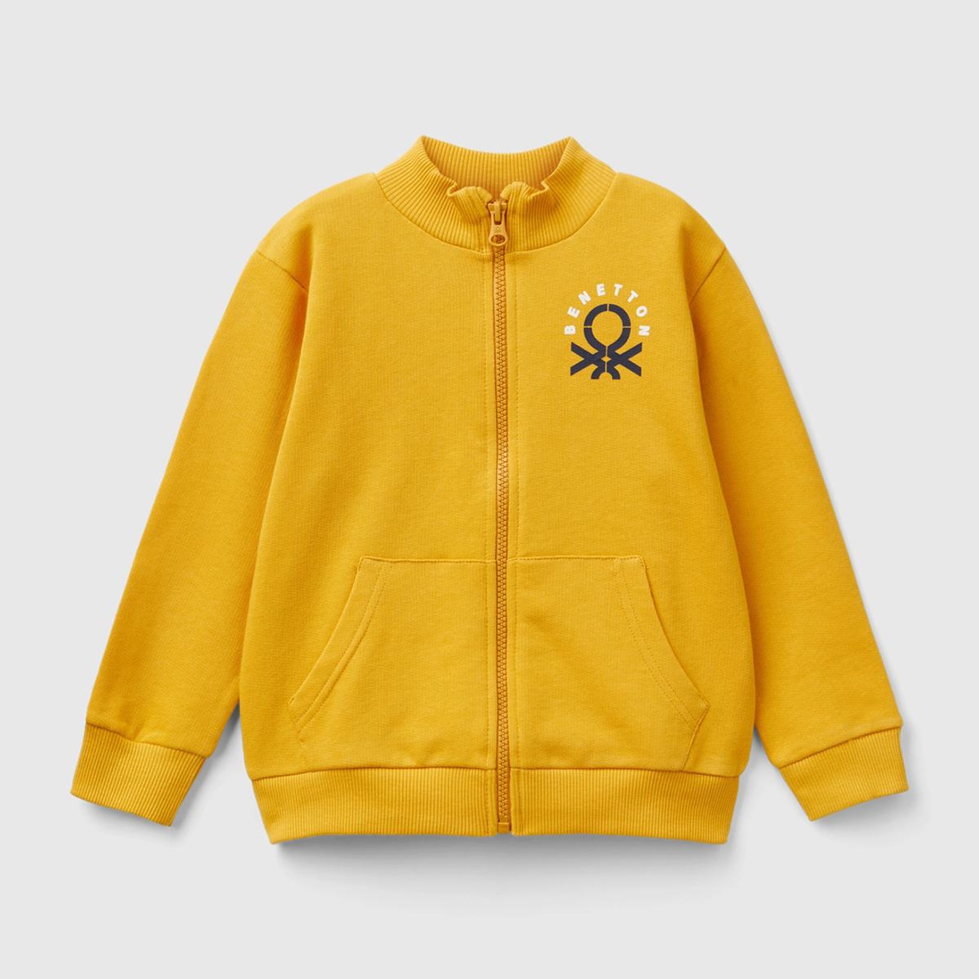 Erkek Çocuk Hardal Sarı Logo Baskılı Cepli Fermuarlı Dik Yaka Sweatshirt