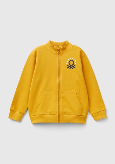  Erkek Çocuk Hardal Sarı Logo Baskılı Cepli Fermuarlı Dik Yaka Sweatshirt