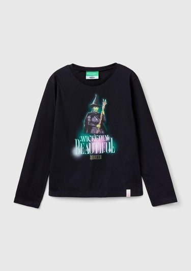  Kız Çocuk Siyah Etek Ucu Logolu Önü Çok Renkli Baskılı Uzun Kollu T-Shirt