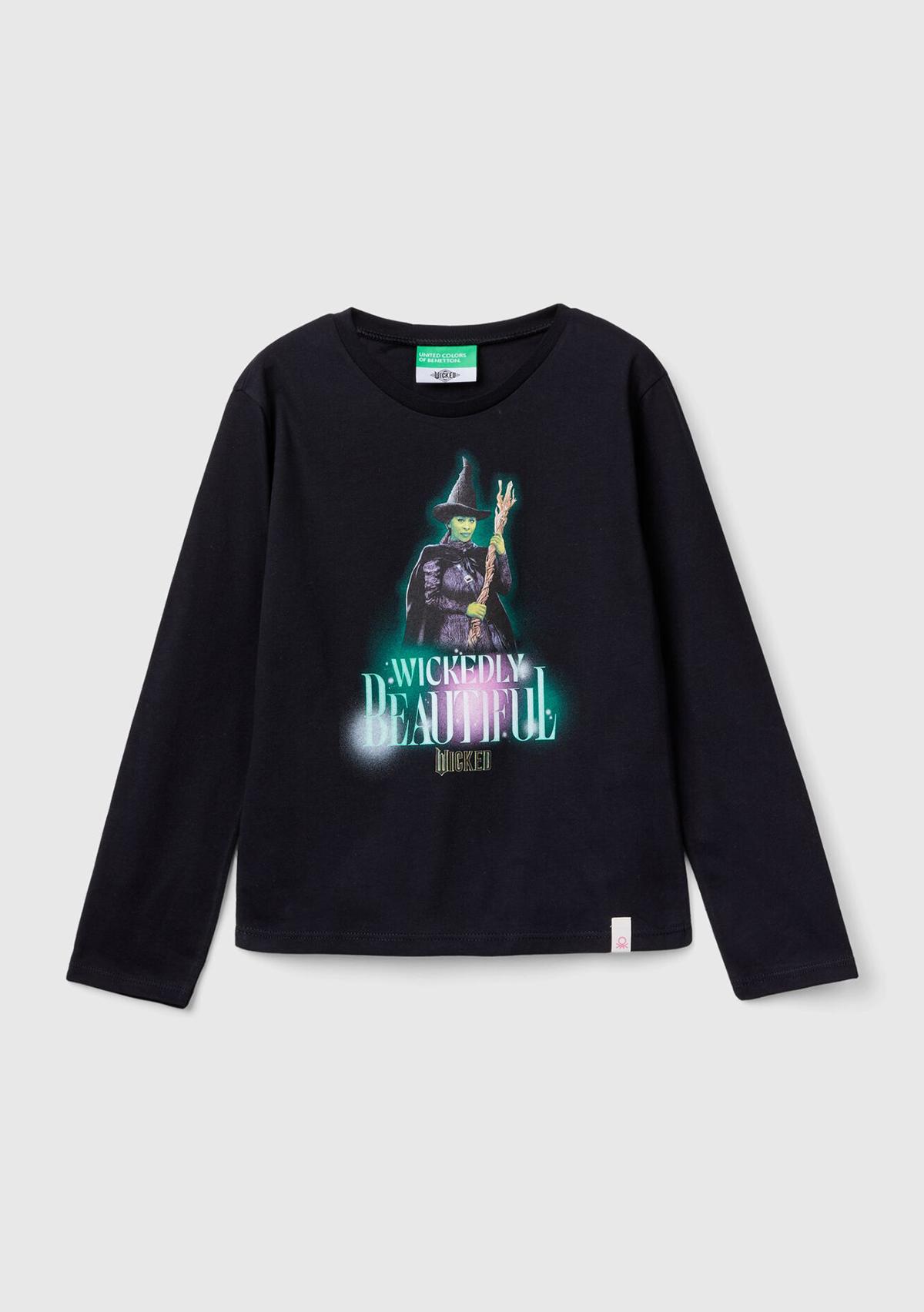  Kız Çocuk Siyah Etek Ucu Logolu Önü Çok Renkli Baskılı Uzun Kollu T-Shirt