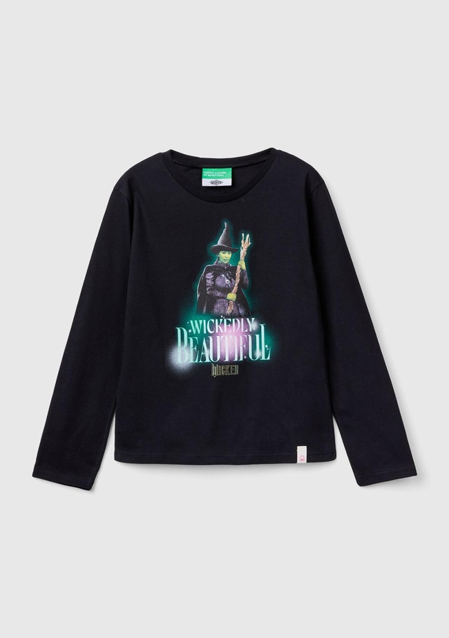  Kız Çocuk Siyah Etek Ucu Logolu Önü Çok Renkli Baskılı Uzun Kollu T-Shirt