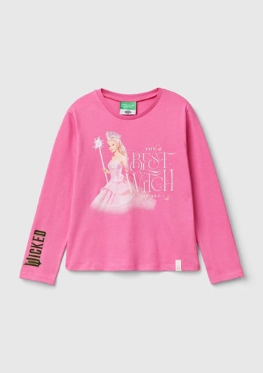  Kız Çocuk Pembe Etek Ucu Logolu Önü Çok Renkli Baskılı Uzun Kollu T-Shirt