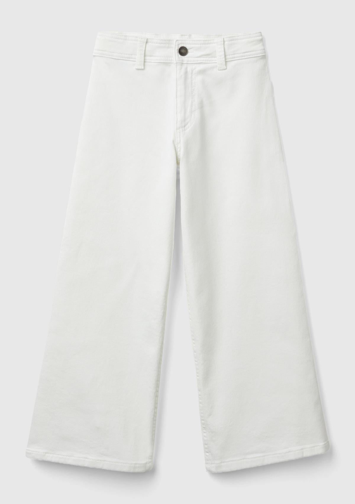  Kız Çocuk Beyaz Arkası Logo Detaylı Cepli Geniş Paça Pantolon