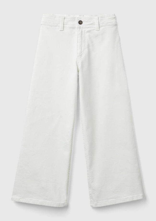  Kız Çocuk Beyaz Arkası Logo Detaylı Cepli Geniş Paça Pantolon