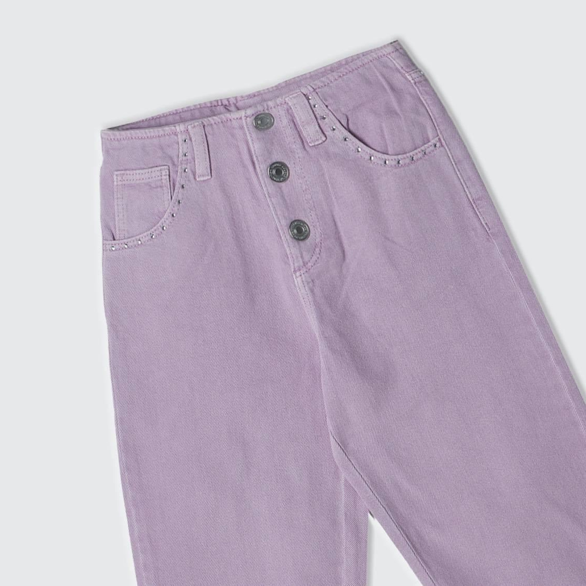 Kız Çocuk Lila 5 Cepli Düğme Kapamalı Paça Detaylı Pantolon