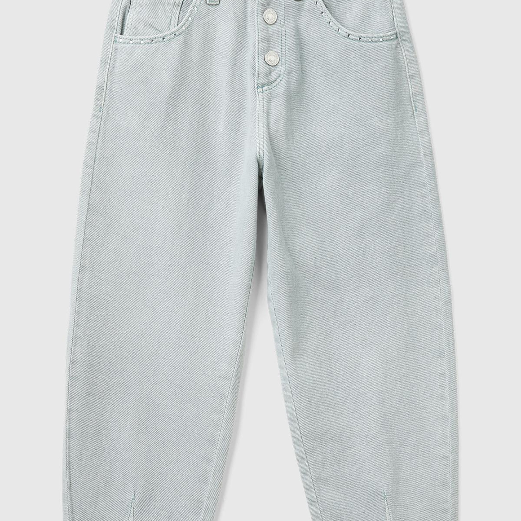 Kız Çocuk Denim 5 Cepli Düğme Kapamalı Paça Detaylı Pantolon