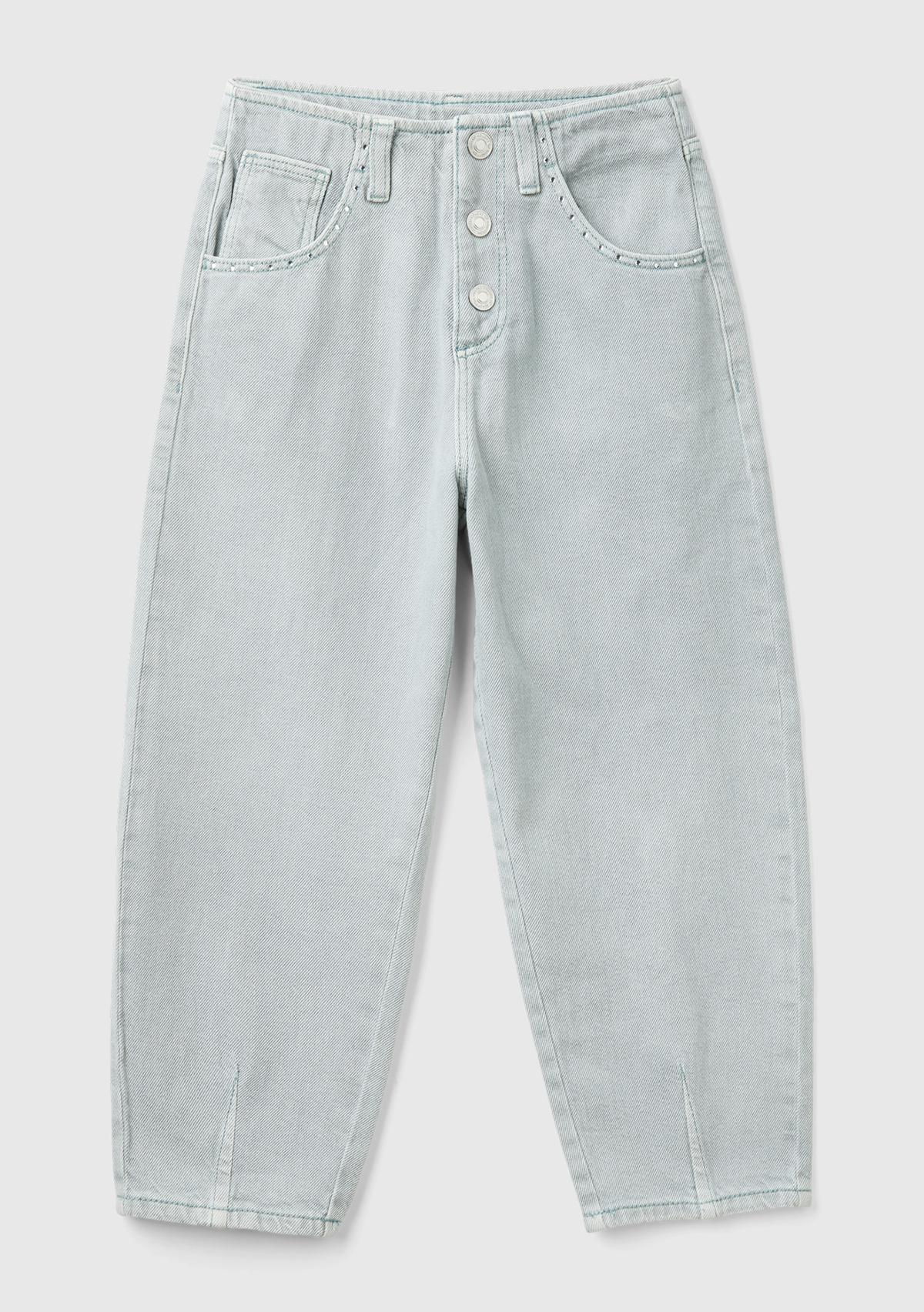  Kız Çocuk Denim 5 Cepli Düğme Kapamalı Paça Detaylı Pantolon