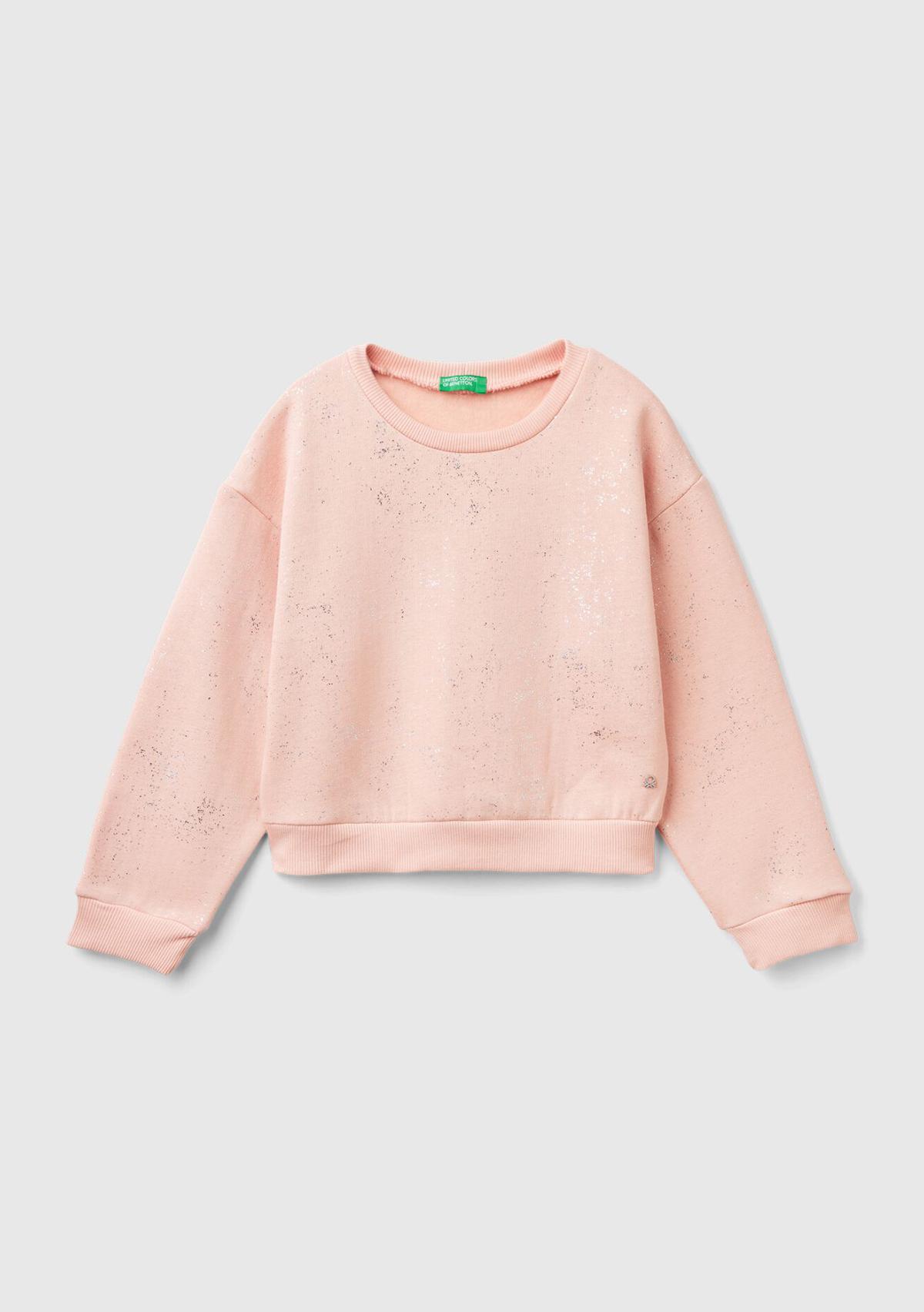  Kız Çocuk Pembe Tamamı Yıldız Tozu Baskılı Düşük Omuz Oversize Sweatshirt