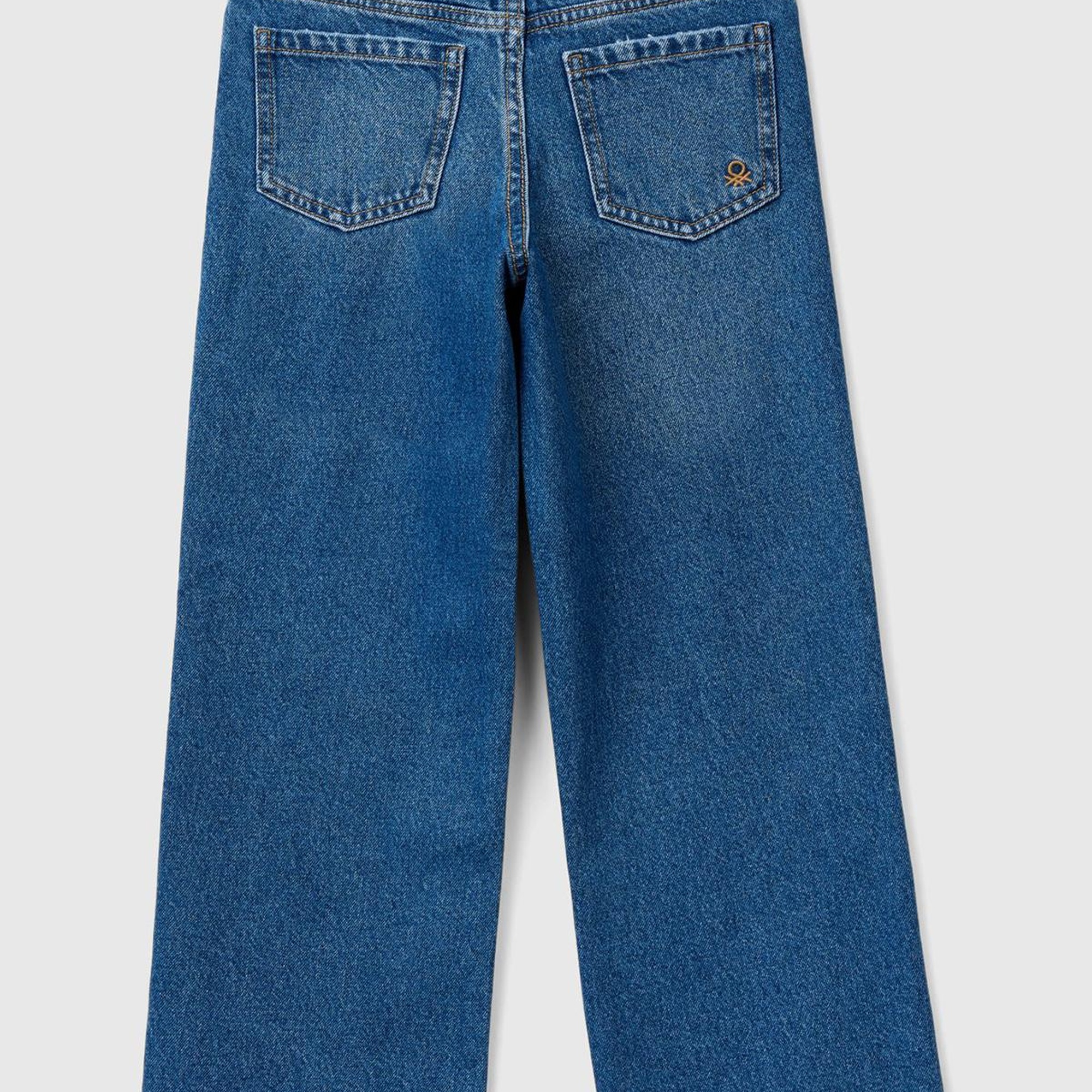 Kız Çocuk Koyu Denim Arkası Logo Detaylı 5 Cepli Rahat Kesim Denim Pantolon