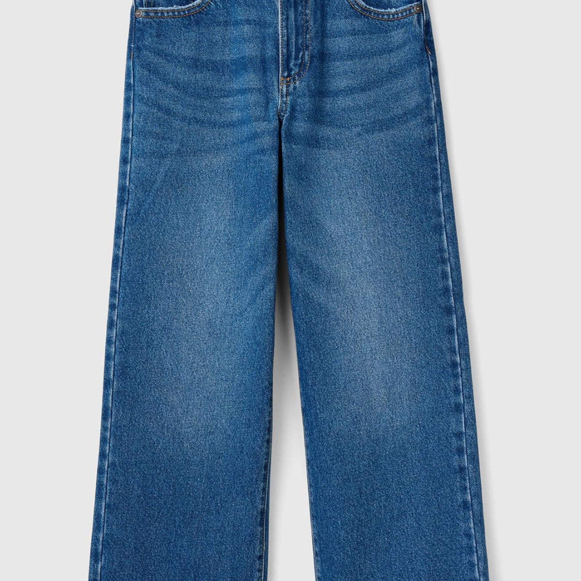 Kız Çocuk Koyu Denim Arkası Logo Detaylı 5 Cepli Rahat Kesim Denim Pantolon