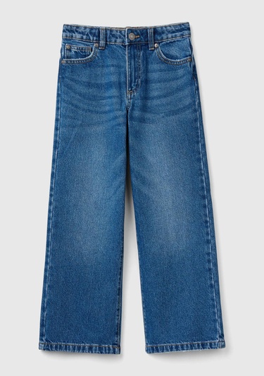  Kız Çocuk Koyu Denim Arkası Logo Detaylı 5 Cepli Rahat Kesim Denim Pantolon