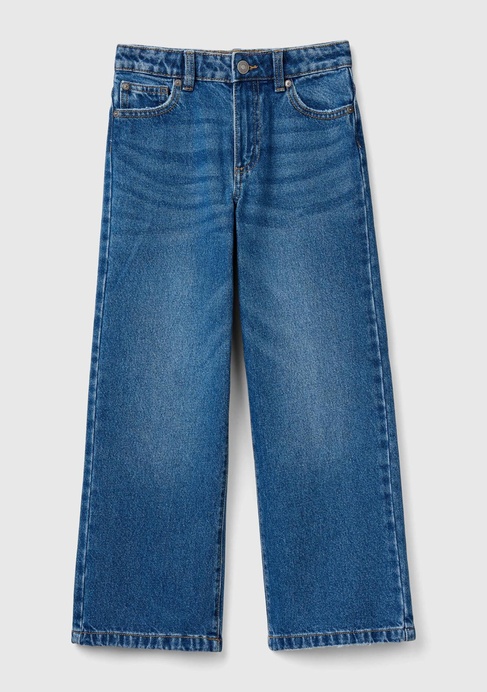  Kız Çocuk Koyu Denim Arkası Logo Detaylı 5 Cepli Rahat Kesim Denim Pantolon