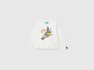  Kız Çocuk Beyaz Kol Ucu Logo Etiketli Peanuts Baskılı Uzun Kollu T-Shirt