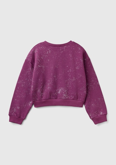  Kız Çocuk Mor Tamamı Yıldız Tozu Baskılı Düşük Omuz Oversize Sweatshirt