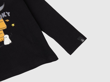  Kız Çocuk Siyah Kol Ucu Logo Etiketli Peanuts Baskılı Uzun Kollu T-Shirt