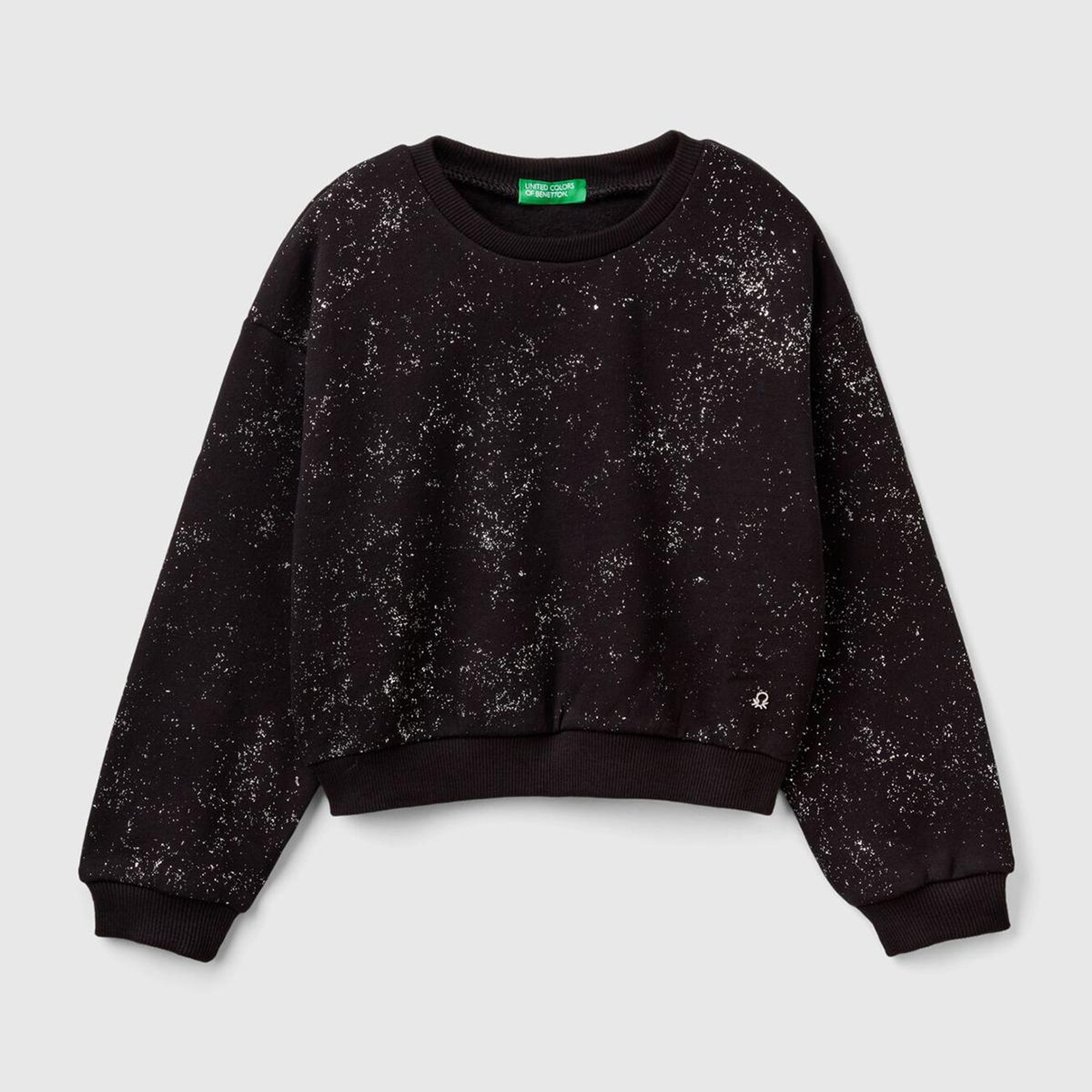 Kız Çocuk Siyah Tamamı Yıldız Tozu Baskılı Düşük Omuz Oversize Sweatshirt