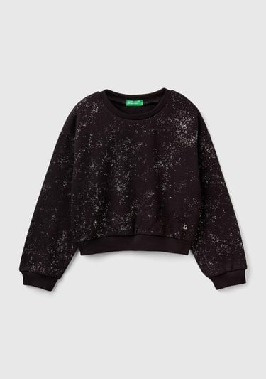  Kız Çocuk Siyah Tamamı Yıldız Tozu Baskılı Düşük Omuz Oversize Sweatshirt