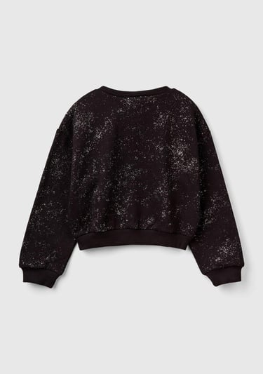  Kız Çocuk Siyah Tamamı Yıldız Tozu Baskılı Düşük Omuz Oversize Sweatshirt