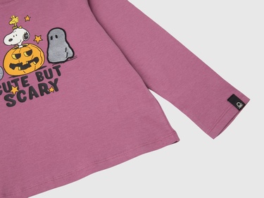  Kız Çocuk Gül Kurusu Kol Ucu Logo Etiketli Peanuts Baskılı Uzun Kollu T-Shirt