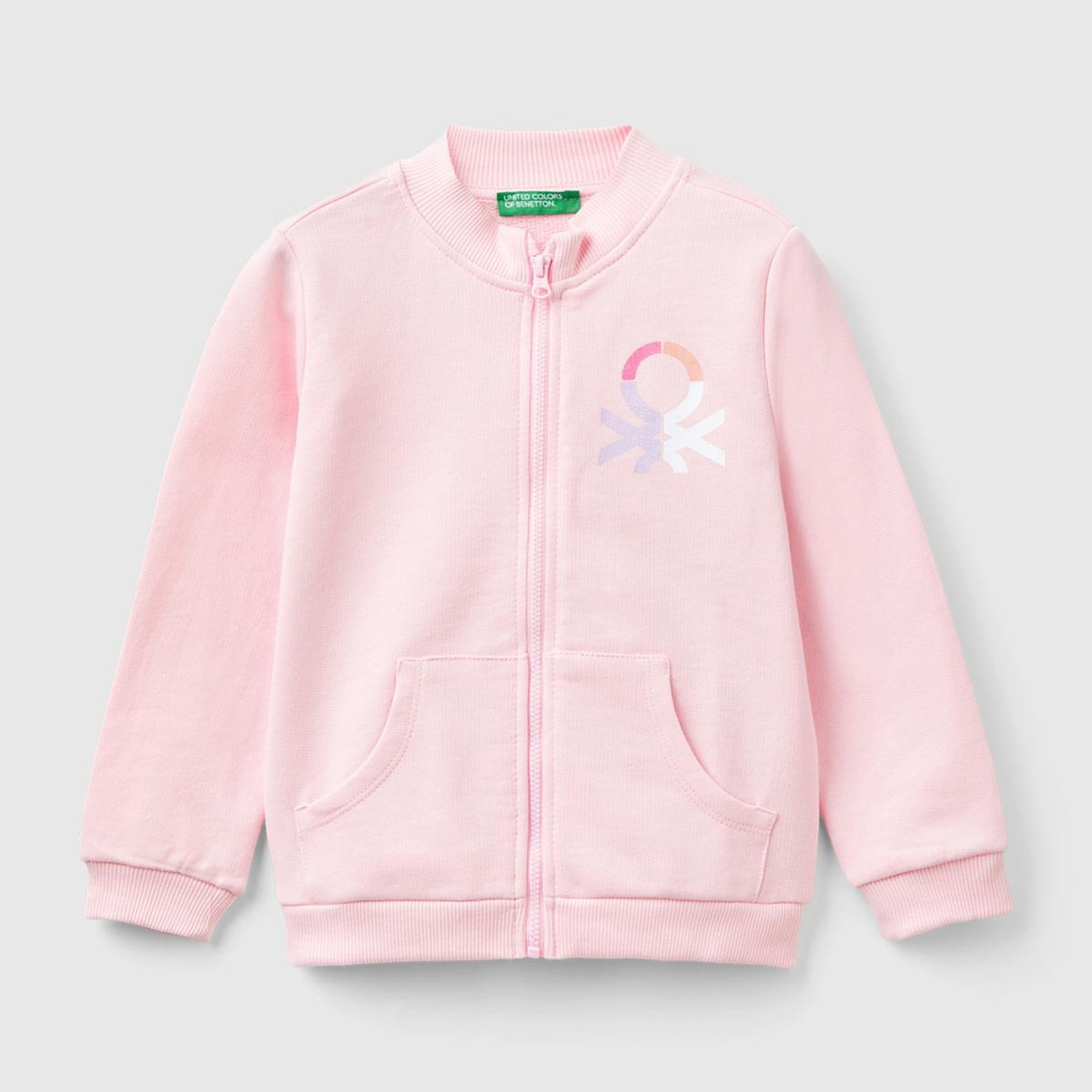 Kız Çocuk Açık Pembe %100 Pamuk Fermuarlı Logolu Sweatshirt