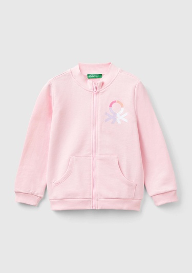  Kız Çocuk Açık Pembe %100 Pamuk Fermuarlı Logolu Sweatshirt