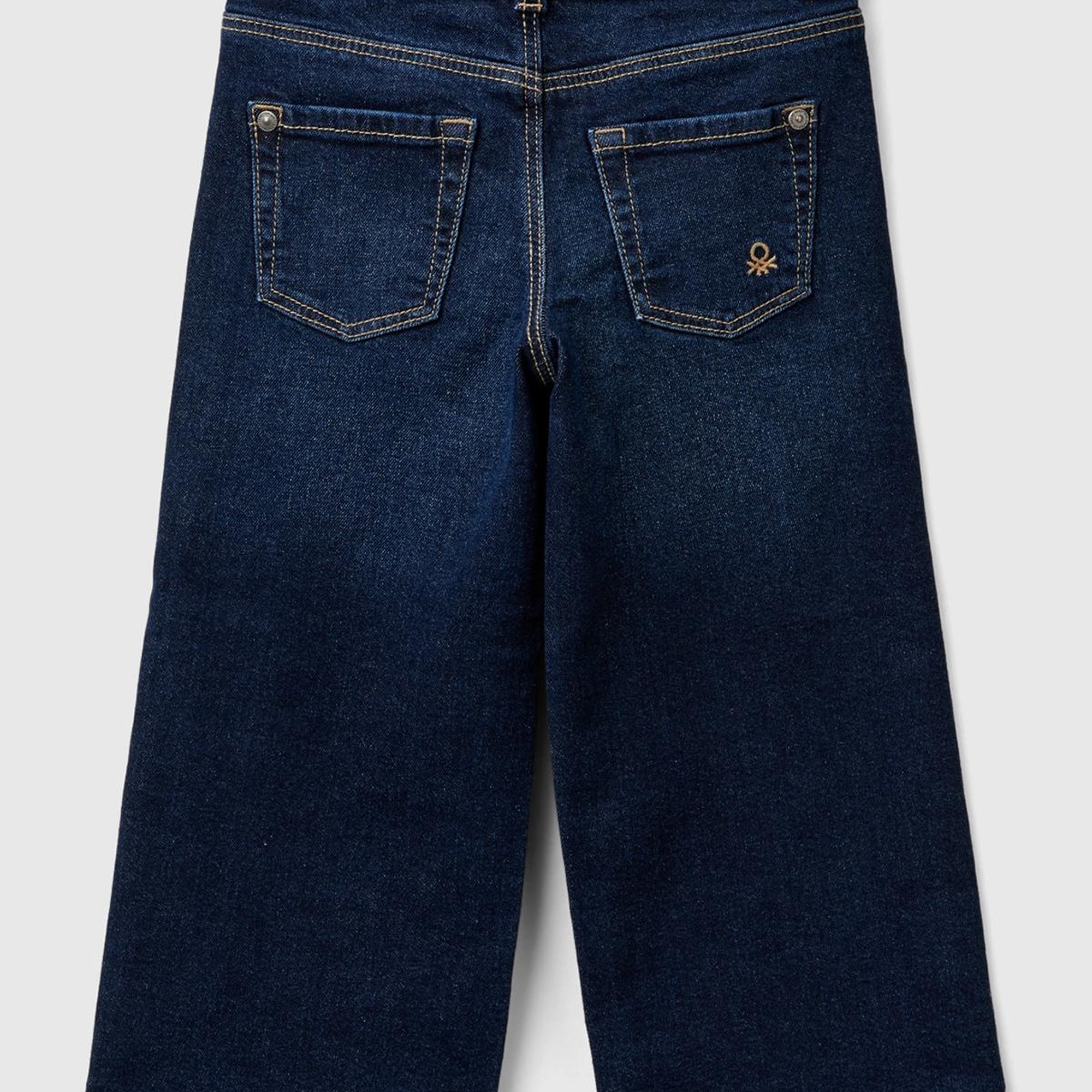 Kız Çocuk Koyu Denim Arka Cebi Logo Detaylı Beli Kuşaklı Geniş Paça Pantolon