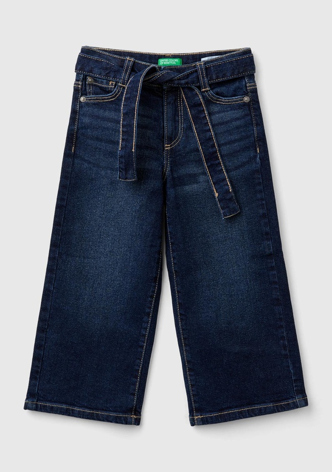  Kız Çocuk Koyu Denim Arka Cebi Logo Detaylı Beli Kuşaklı Geniş Paça Pantolon