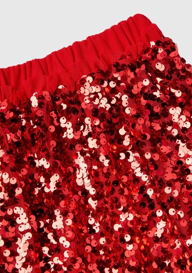  Kız Çocuk Kırmızı Tamamı Desenli Beli Lastikli Fırfır Detaylı Mini Etek