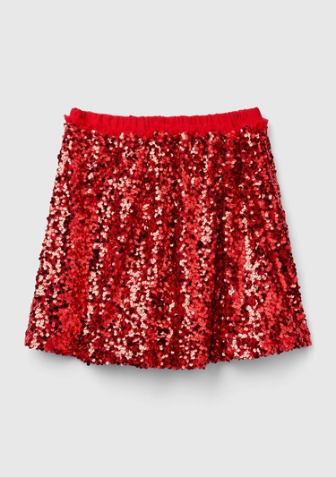  Kız Çocuk Kırmızı Tamamı Desenli Beli Lastikli Fırfır Detaylı Mini Etek